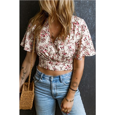 Pink Floral Print V Neck Wrapped Cropped Blouse