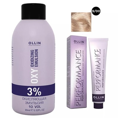 Набор "Перманентная крем-краска для волос Ollin Performance оттенок 9/00 блондин глубокий 60 мл + Окисляющая эмульсия Oxy 3% 90 мл"