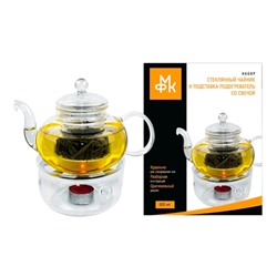 Набор: стеклянный чайник 600 мл и подставка-подогреватель со свечой в подарочной упаковке арт.HB02