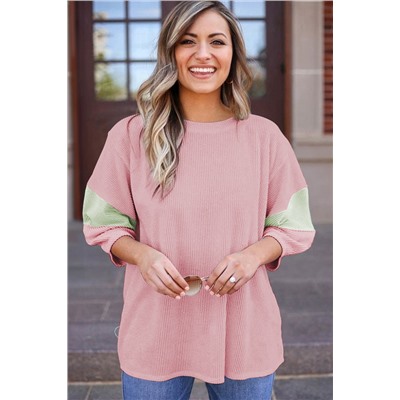 Light Pink Color Block Ribbed Knit Quarter Sleeve Top