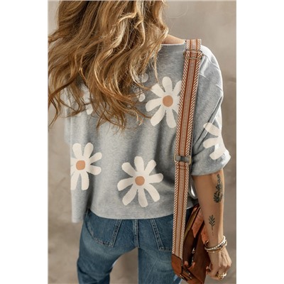 Gray Daisy Flower Printed Casual T Shirt