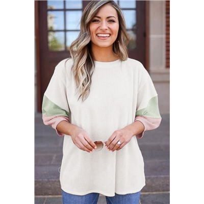 White Textured Colorblock Patchwork Half Sleeve Plus T Shirt