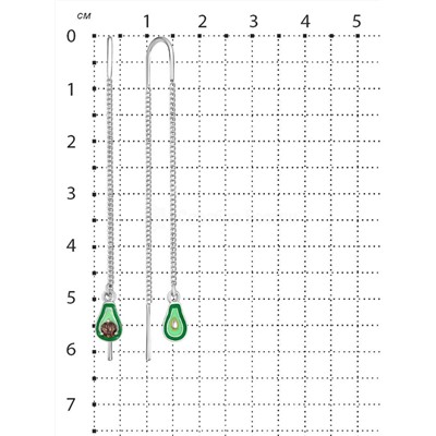 Серьги-продёвки из серебра с эмалью и фианитом родированные-Авокадо 925 пробы лпа-00