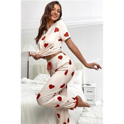 White Valentines Heart Print Lace Hem Tee Pants Pajama Set