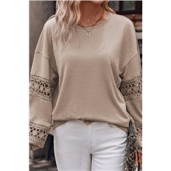 Pale Chestnut Guipure Lace Insert Lantern Sleeve Top