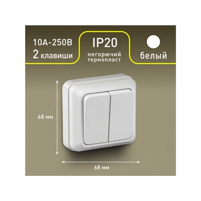 Выключатель Intro Quadro 2-104-01 двухклавишный 10А-250В, IP20, ОУ, белый
