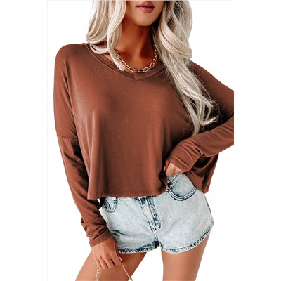 Sandalwood Loose V Neck Dropped Long Sleeve Top