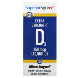 Superior Source, витамин D3 повышенной силы действия, 250 мкг (10 000 МЕ), 100 быстрорастворимых таблеток MicroLingual