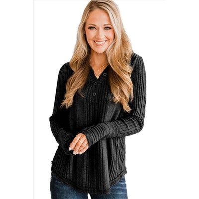 Black V Neck Buttoned Ribbed Knit Top