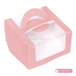 Коробка для бенто-торта с ручкой розовая 14х14х8 см