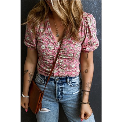 Pink Floral Short Puff Sleeve V Neck Ruched Blouse