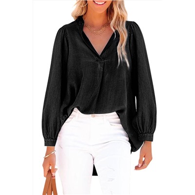 Black Split V-Neck Balloon Sleeve Ruched Denim Top