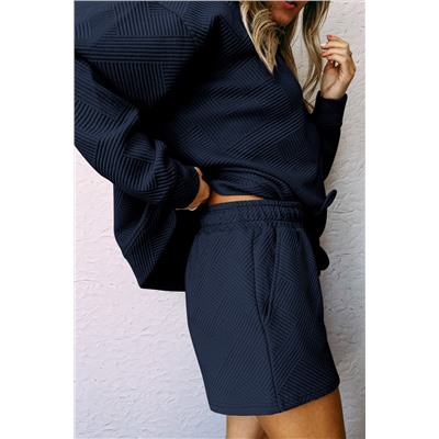 Navy Blue Textured Long Sleeve Top and Drawstring Shorts Set