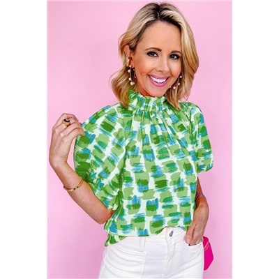 Green Abstract Print Button Back Ruffled High Neck Blouse