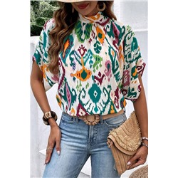 Multicolour Western Print High Neck Bat Sleeve Blouse