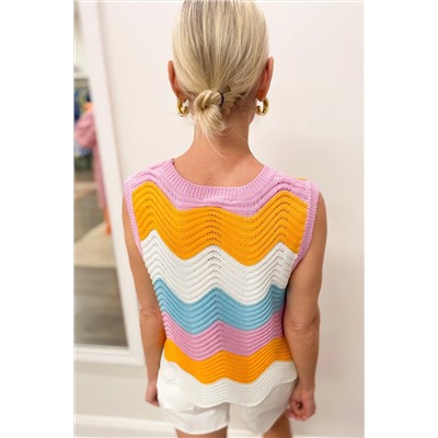 Multicolour Striped Colorblock Scalloped Hem Knitted Vest