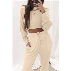 Apricot Ribbed Long Sleeve Drawstring Pants Set