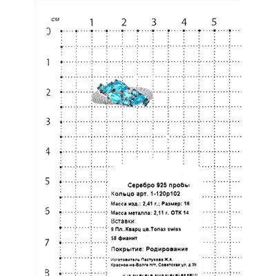 Кольцо из серебра с пл. кварцем цв. топаз swiss и фианитами родированное 925 пробы 1-120р102