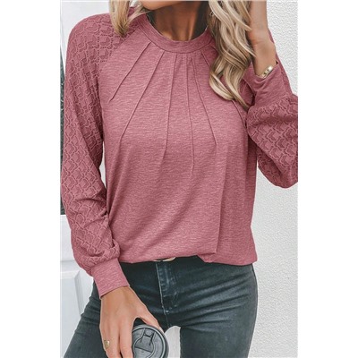 Rose Pink Contrast Lace Raglan Sleeve Plicate Round Neck Top