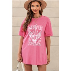 Pink Guitar Slogan Letter Graphic Print Oversized T Shirt