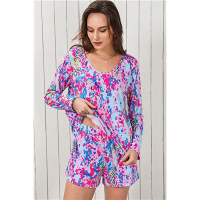 Purple Floral Long Sleeve Top and Drawstring Shorts Set