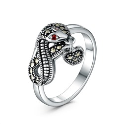 Кольцо из чернёного серебра с натуральным гранатом и марказитами - Змея с яблоком