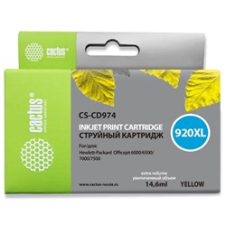 Картридж Cactus CS-CD974 №920XL, для HP DJ 6000/6500/7000/7500, 14,6 мл, цвет жёлтый