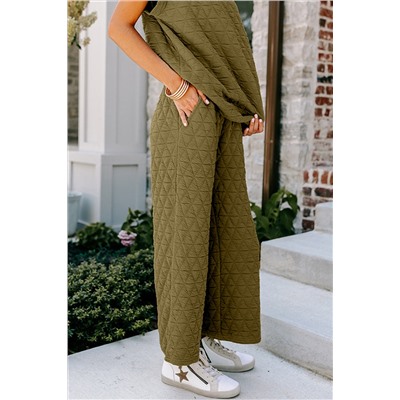 Sage Green Quilted Short Sleeve Wide Leg Pants Set