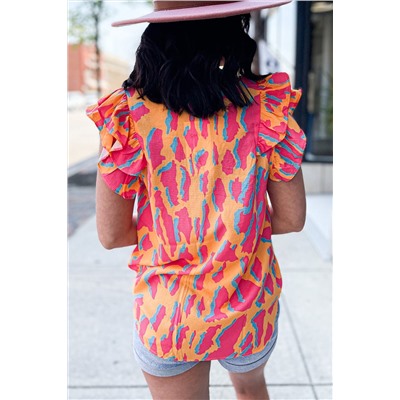 Orange Abstract Print V Neck Ruffled Sleeve Blouse