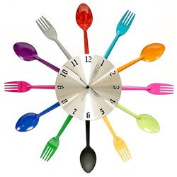 Часы "Ложки Вилки по кругу" настенные разноцветные на кухню