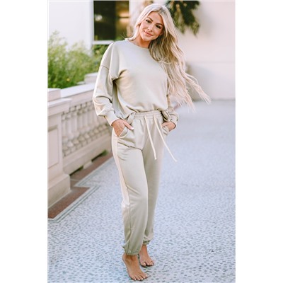 Beige Long Sleeve Top and Drawstring Pants Lounge Outfit