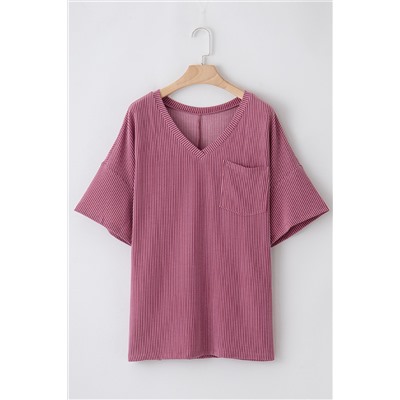 Rose Pink Textured V-Neck Dropped Shoulder Plus T-Shirt