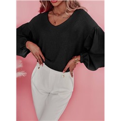 Black Waffle Knit Balloon Sleeve Splicing V Neck Top