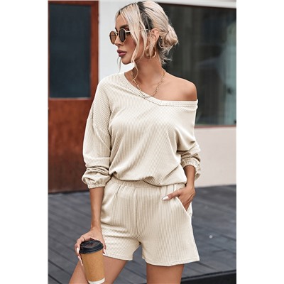 Beige Corded V Neck Slouchy Top Pocketed Shorts Set