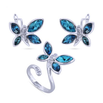 Комплект: кольцо, серьги (кристаллы SW синие, бирюза; покрытие: родий)
