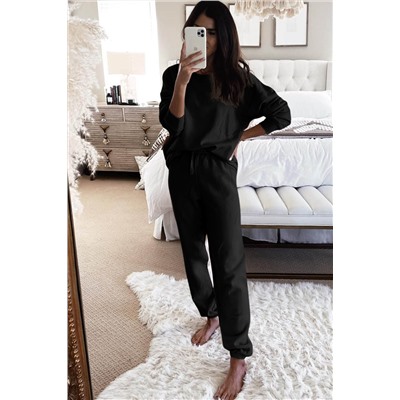 Black Long Sleeve Top and Drawstring Pants Lounge Outfit