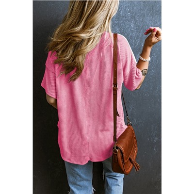 Rose Red Color Block Patch Pocket Corded V Neck Tee