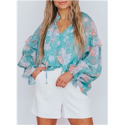 Sky Blue Floral Split Neck Ruffled Puff Sleeve Blouse