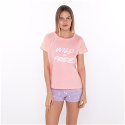 Комплект домашний женский WILD/FREE (футболка/шорты), цвет розовый/сиреневый, размер 52