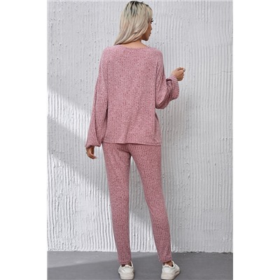 Peach Blossom Ribbed Drop Shoulder Top and Knot Waist Leggings Set