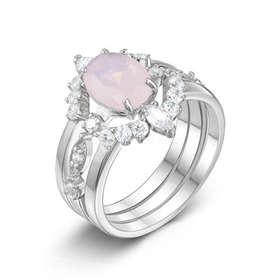 Кольцо тройное из серебра с пл.кварцем цв.розовый лунный и фианитами родированное 925 пробы 1-244р13600