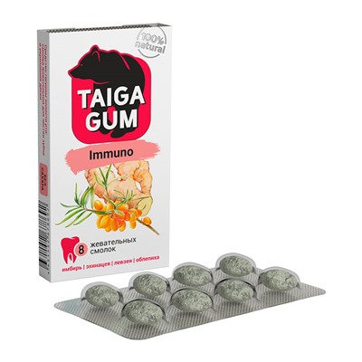 Смолка жевательная TAIGA GUM “Immuno” без сахара №8, 6,4гр.