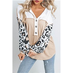 Parchment Leopard Sleeve Patchwork Waffle Knit Top