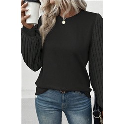 Black Contrast Ribbed Bishop Sleeve Top