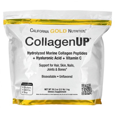 California Gold Nutrition, CollagenUP, гидролизованные пептиды морского коллагена с гиалуроновой кислотой и витамином C, без добавок, 1 кг (2,2 фунта)