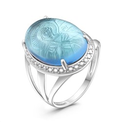 Кольцо из серебра с плавленым синим кварцем родированное - Семистрельная Божья Матерь 925 пробы к-7004