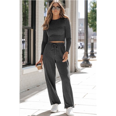 Carbon Grey Corded Long Sleeve Top Wide Leg Pants Set