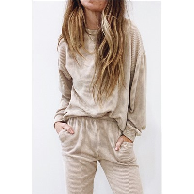 Apricot Pocketed Drop Shoulder Corded Sweat Suit