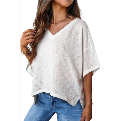 White V Neck Knitted Flowy Blouse