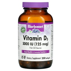 Bluebonnet Nutrition, витамин D3, 125 мкг (5000 МЕ), 250 капсул